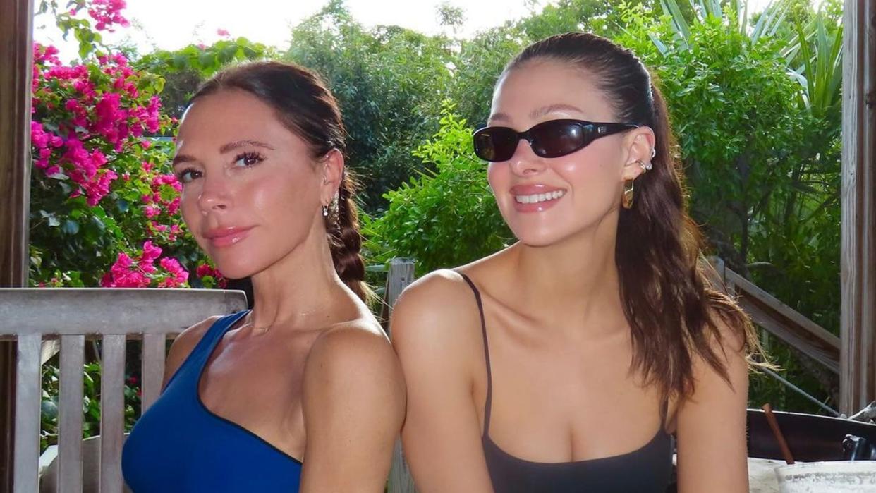 Victoria Beckham and Nicola Peltz smiling on holiday in the Bahamas 