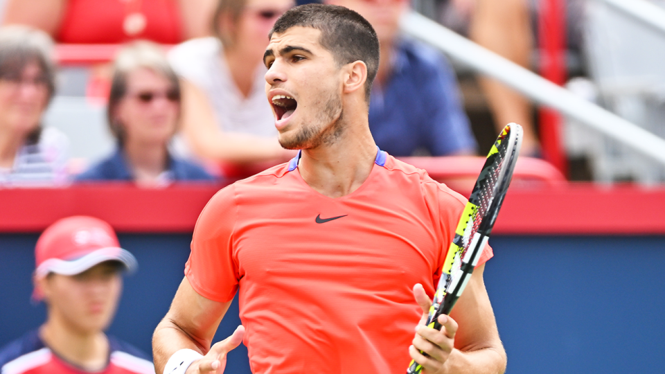 Carlos Alcaraz (pictured) reacts after losing a point at the Canadian Open.