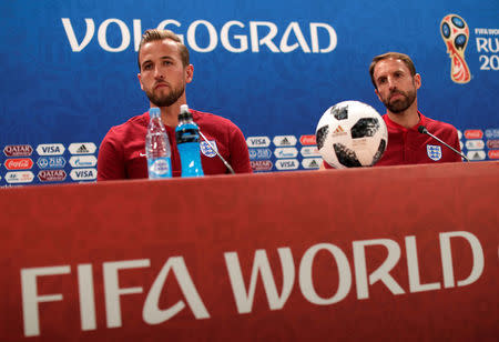 Soccer Football - World Cup - England Press Conference - Volgograd Arena, Volgograd, Russia - June 17, 2018 England's Harry Kane and manager Gareth Southgate during the press conference REUTERS/Ueslei Marcelino