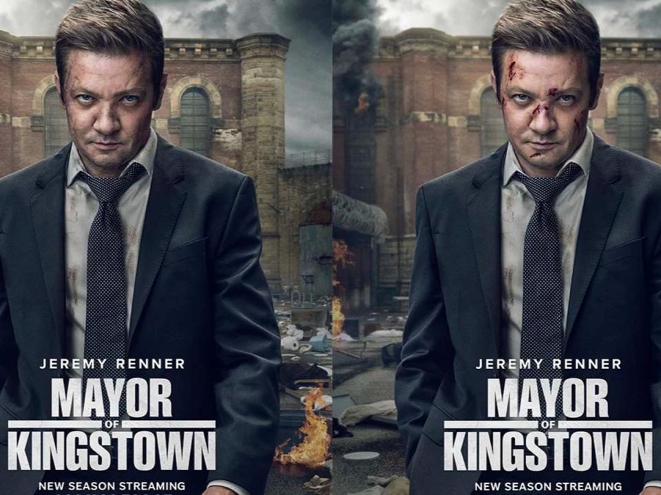 Jeremy Renner in the new ‘Mayor of Kingstown’ season two poster (left) beside a previous version (Paramount+)