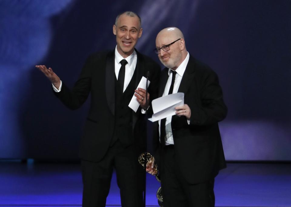 Joel Fields and Joe Weisberg for <i>The Americans</i> win the Emmy for Outstanding Writing for a Drama series. REUTERS/Mario Anzuoni