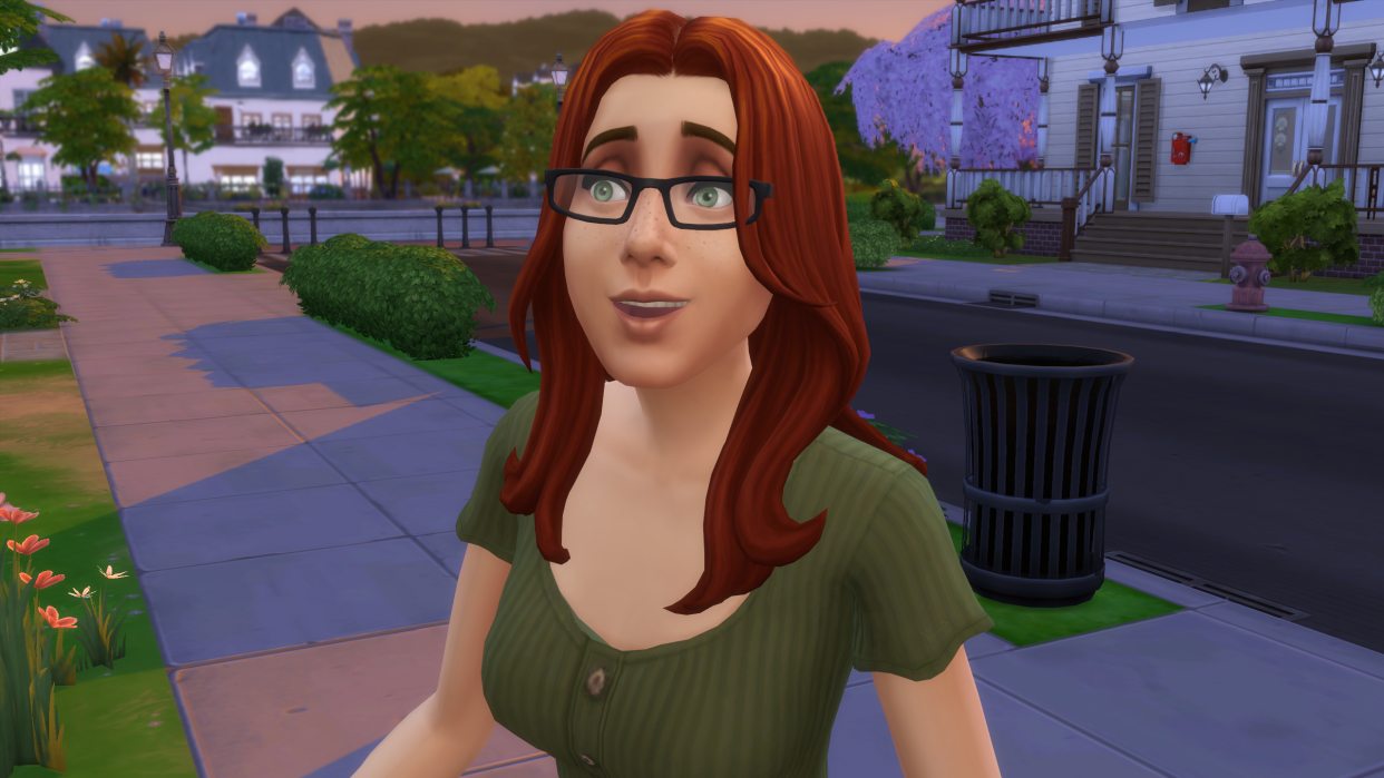  The Sims 4 - Eliza Pancakes stands outside looking delighted and surprised. 