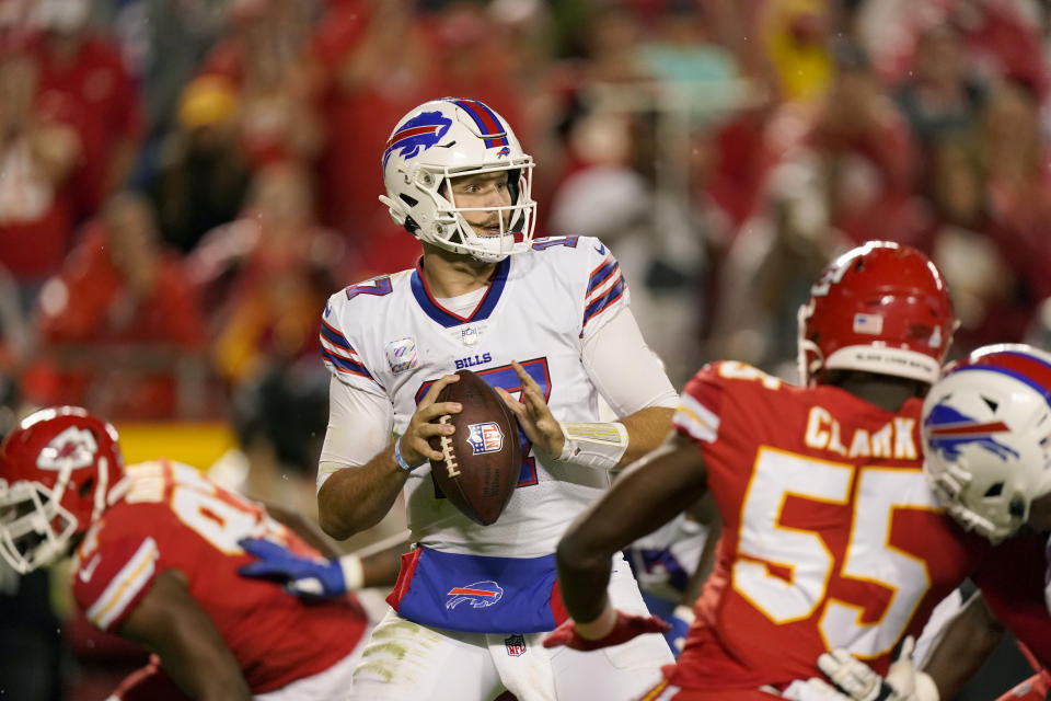 Buffalo Bills quarterback Josh Allen throws during the second half of an NFL football game against the Kansas City Chiefs Sunday, Oct. 10, 2021, in Kansas City, Mo. (AP Photo/Charlie Riedel)