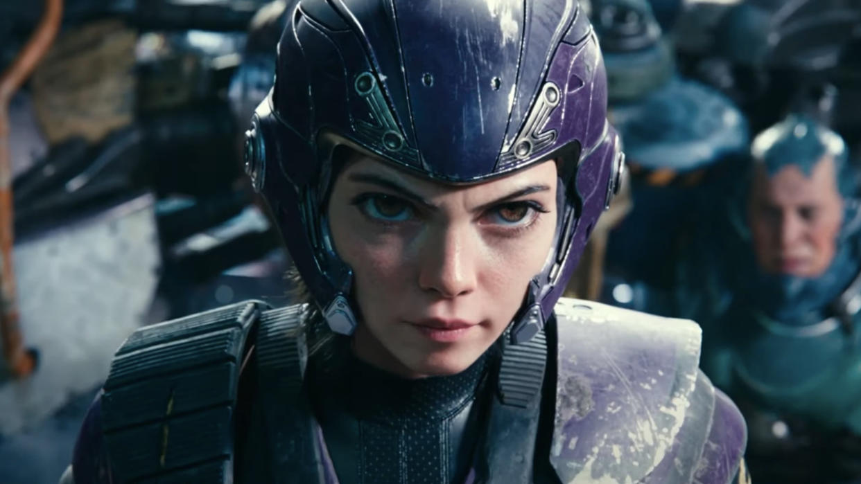  Alita posed at the starting line in Motorball gear in Alita: Battle Angel. 