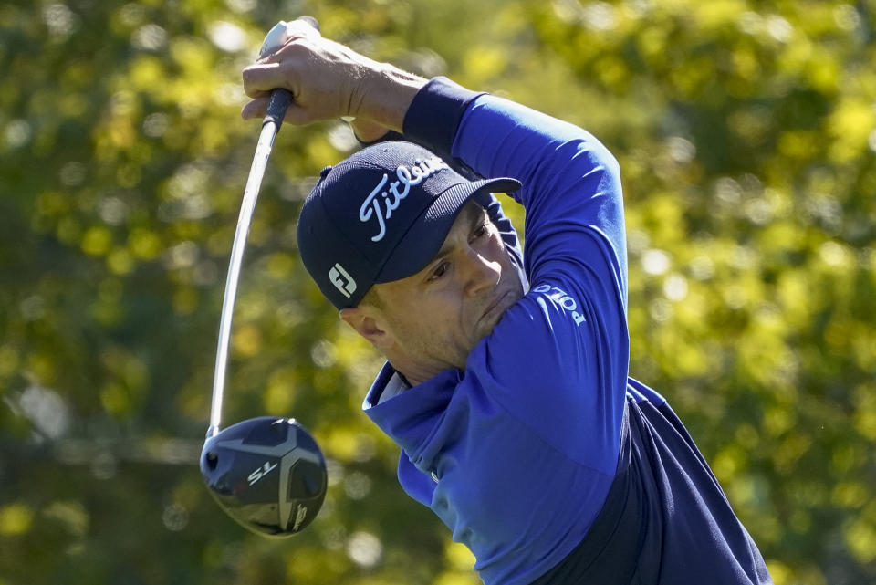 Justin Thomas, of the United States, plays his shot from the second tee during the third round of the US Open Golf Championship, Saturday, Sept. 19, 2020, in Mamaroneck, N.Y. (AP Photo/Charles Krupa)