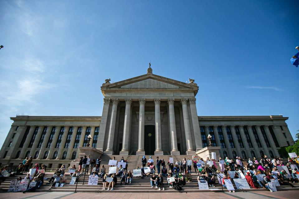 PHOTO: DIn this May 3, 2022, file photo, demonstrators gather at the Oklahoma State Capitol to protest as the U.S. Supreme Court appears poised to overturn longstanding abortion protections and the Oklahoma governor signs a Texas-style abortion ban. (Nathan J Fish/The Oklahoman via USA Today Network, FILE)