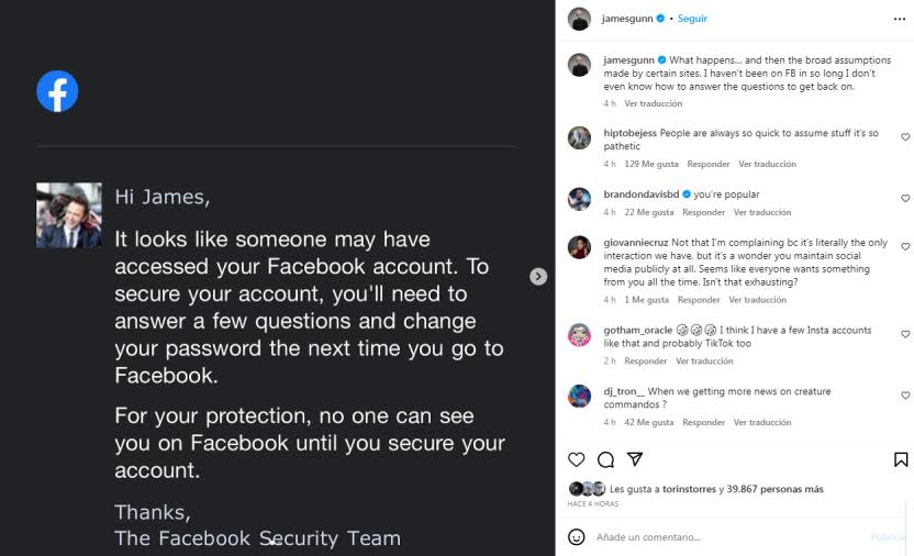 James Gunn explica el hackeo a su cuenta de Facebook. (Crédito: Instagram)