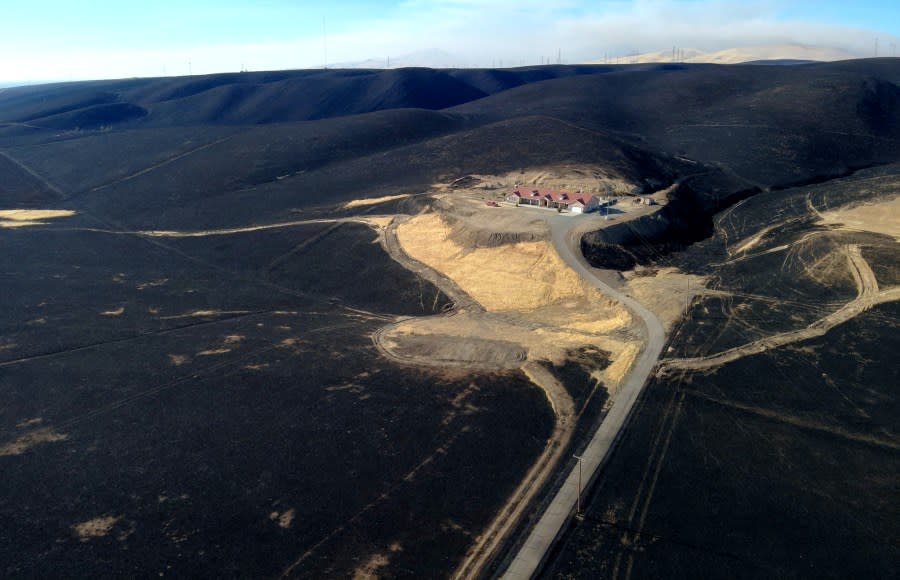 A structure remains standing and surrounded by fire-scorched wildland. (Image courtesy Cal Fire SCU)