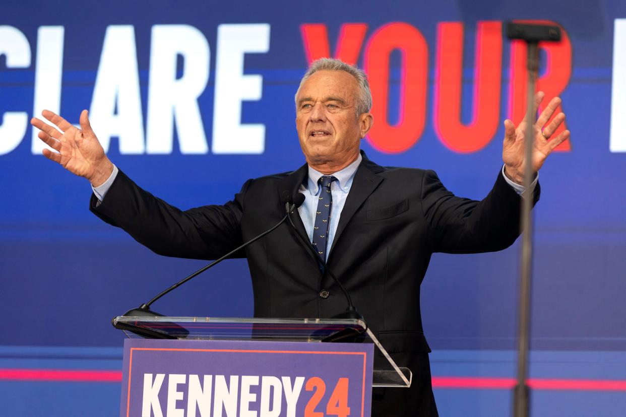 Independent presidential candidate Robert F. Kennedy Jr. leads a rally in March in Oakland, Calif.