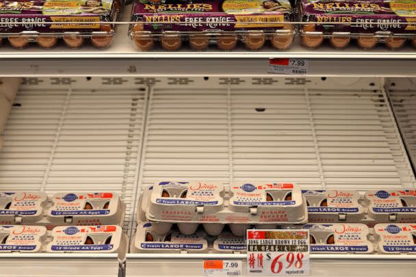 PHOTO: Half-empty shelves of eggs and high prices are seen at a supermarket on Jan. 8, 2023 in Los Angeles. (VCG via Getty Images)