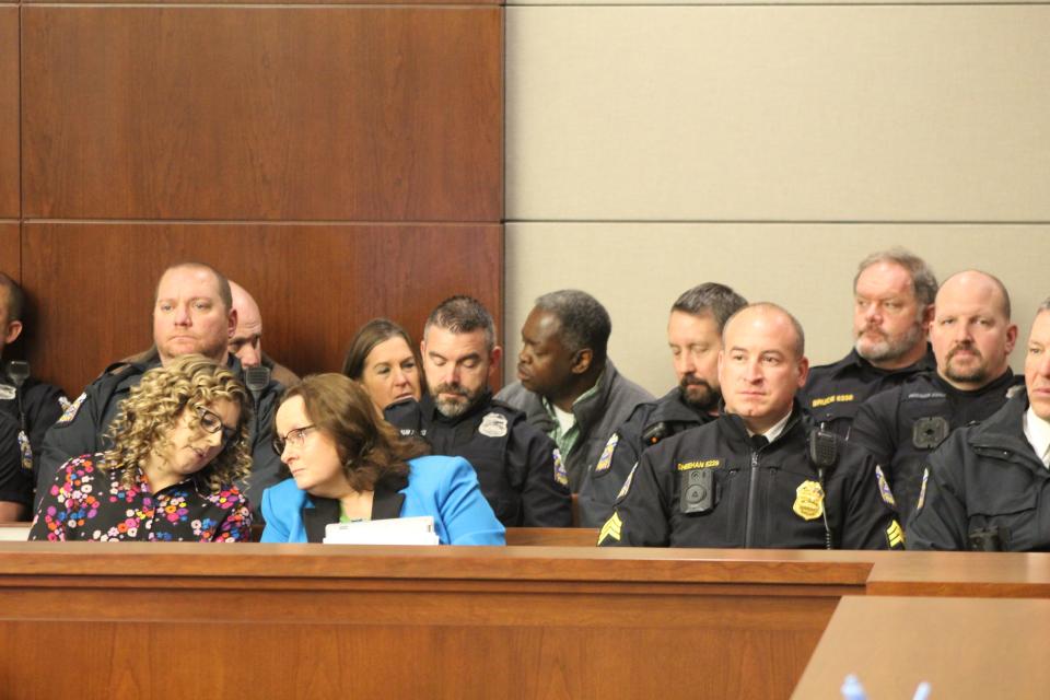 Columbus Police officers lined the benches during the sentencing of Jonathon Myers Dec. 5 in Delaware County Common Pleas Court. Showing support for those involved, the officers and detectives saw Myers sentenced to 25 years in prison.  69701307007