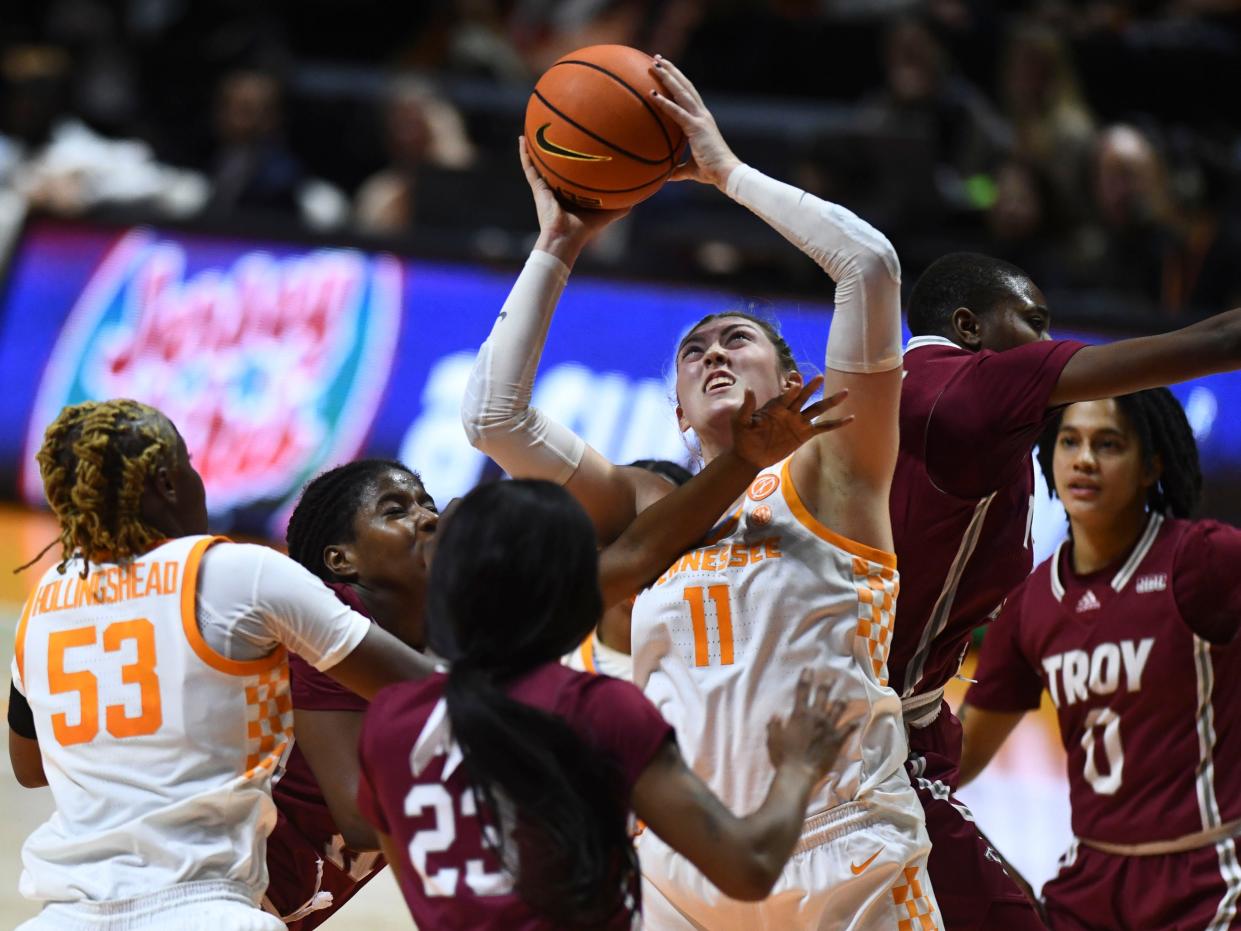 Tennessee's Karoline Striplin (11) gets the rebound during an NCAA college basketball game against Troy on Sunday, November 19, 2023 in Knoxville, Tenn.