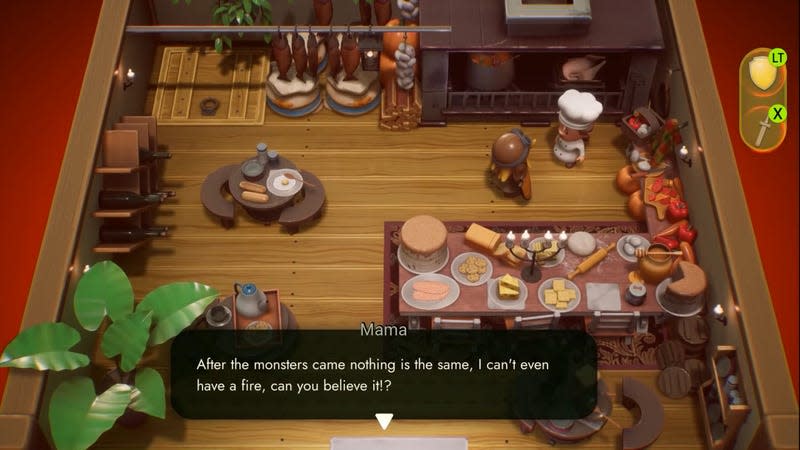 Myplaced, with the game's character chatting to a chef in a kitchen.