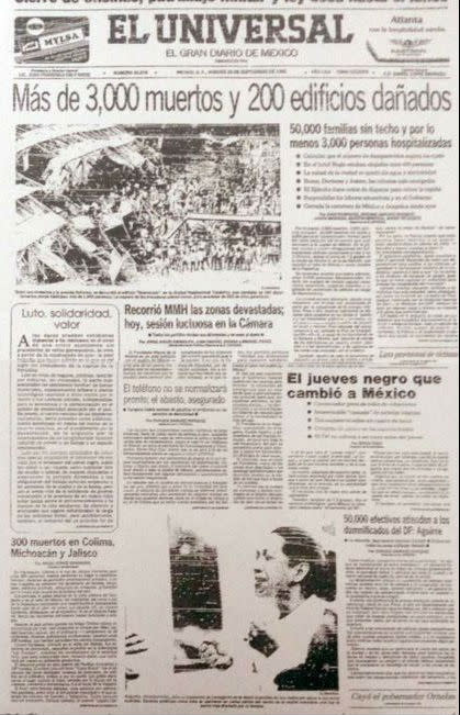 Portadas sobre el terremoto de 1985. El Universal, México