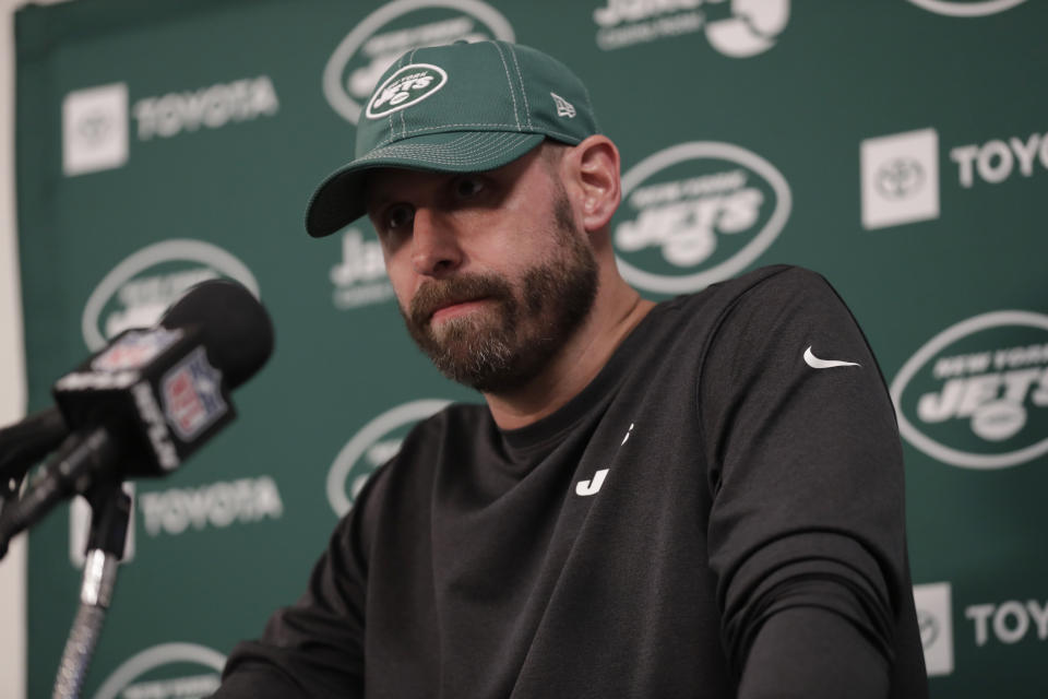 New York Jets head coach Adam Gase speaks during a news conference after an NFL football game against the Miami Dolphins, Sunday, Nov. 3, 2019, in Miami Gardens, Fla. (AP Photo/Lynne Sladky)