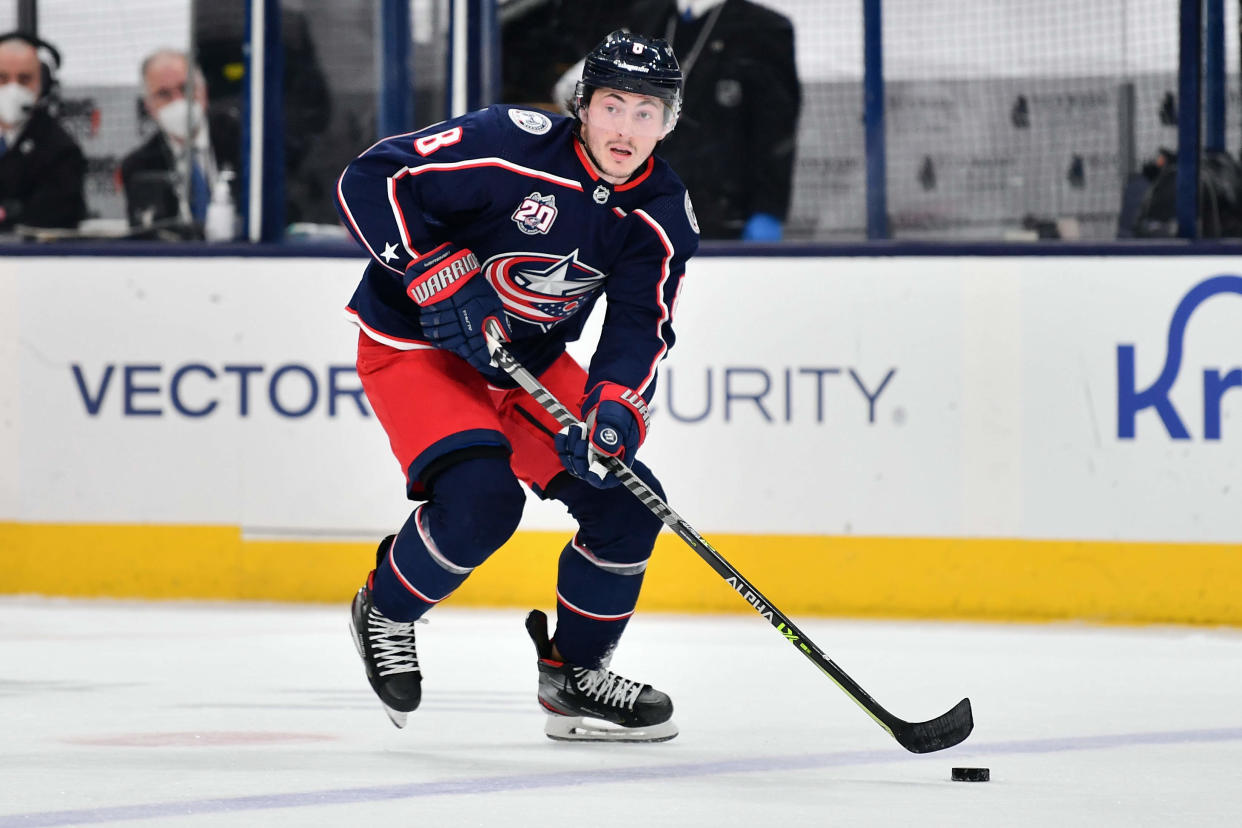COLUMBUS, OH - MARCH 25:  Zach Werenski #8 of the Columbus Blue Jackets skates against the Carolina Hurricanes at Nationwide Arena on March 25, 2021 in Columbus, Ohio.  (Photo by Jamie Sabau/NHLI via Getty Images)