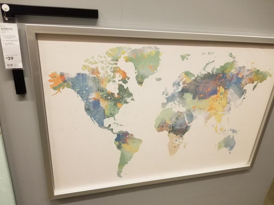 The Bjorksta Ikea world map doesn’t feature New Zealand. Here’s one pictured for sale in Washington, D.C. (Photo: Reddit/ Jibbles666)