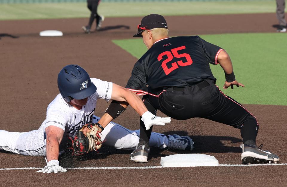 Westmoore's Caleb Rey tags Enid's Garrett Shull out at third during the Class 6A State Baseball Tournament as Westmoore plays Enid on May 9, 2024; Norman, OK, [USA]; at Norman North HS. Mandatory Credit: Steve Sisney-The Oklahoman