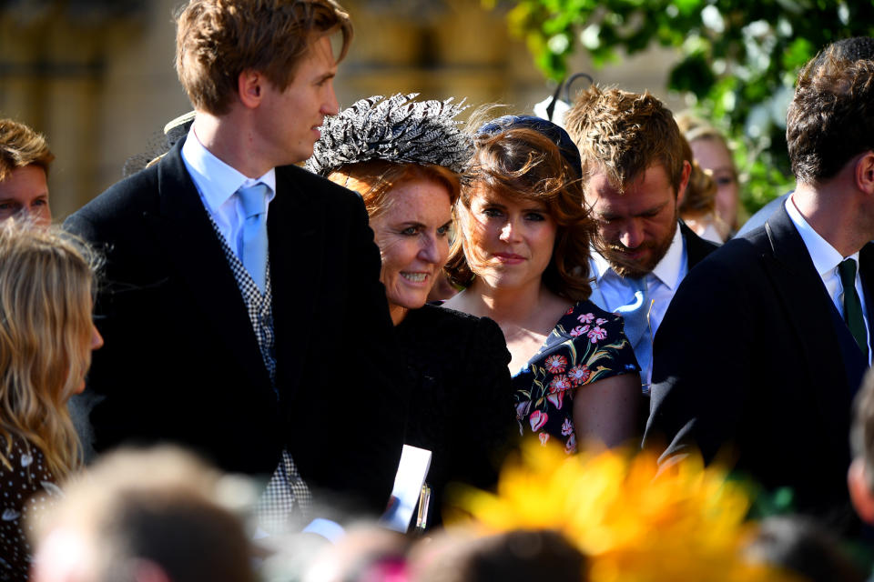 Sarah Ferguson the Duchess of York and her daughter Princess Beatrice of York leave York Minster after the wedding of singer Ellie Goulding and Caspar Jopling. (Photo by James Hardisty/PA Images via Getty Images)