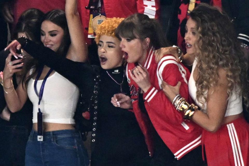 <p>PATRICK T. FALLON/AFP via Getty</p> Keleigh Teller, Ice Spice, Taylor Swift and Blake Lively at the Super Bowl in Las Vegas on Feb. 11, 2024