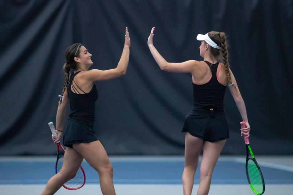 Miss Tennis Reagan Mangan, right, and her doubles partner, Willow Renton, of North Oldham secured the girls’ doubles championship.