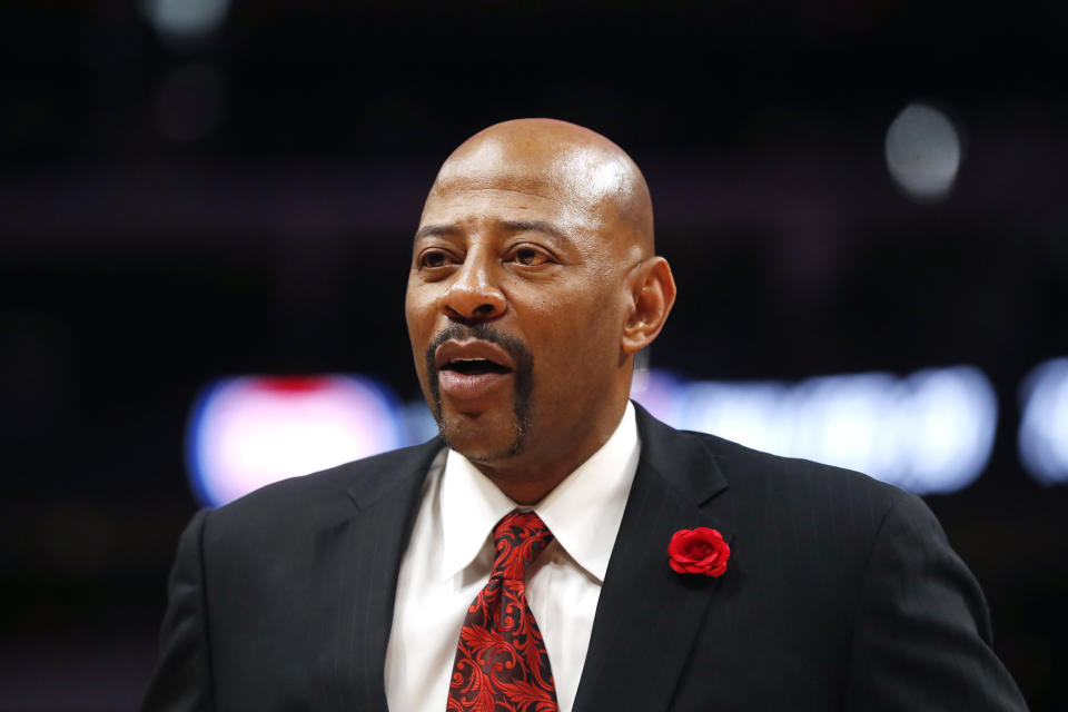 FILE - Earl Cureton, Detroit Pistons ambassador to the community, is seen during the first half of an NBA basketball game, Sunday, Feb. 2, 2020, in Detroit. Cureton, who won two NBA championships in 12 seasons in the league, died Sunday, Feb. 4, 2024. He was 66. (AP Photo/Carlos Osorio, File)