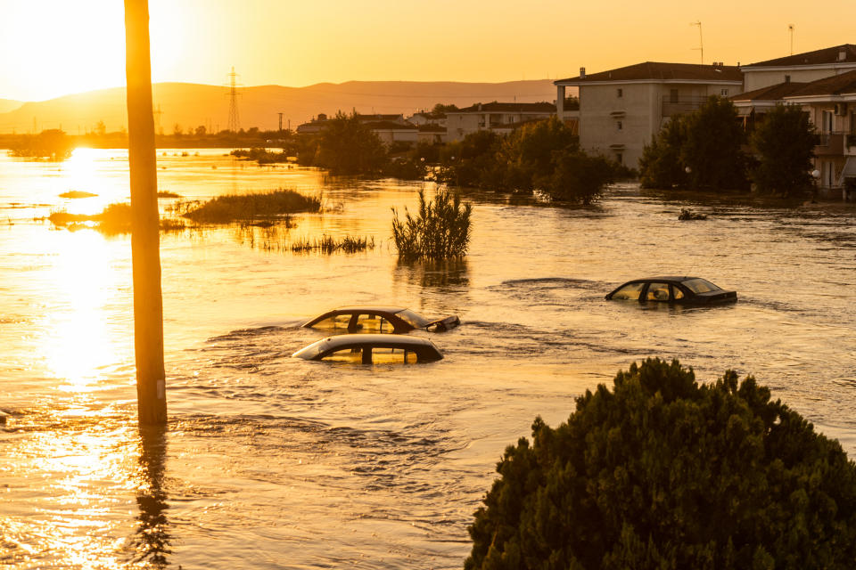 A flooded neighborhood in Larissa, Greece, on Sept. 10, 2023. (Nick Paleologos / SOOC/AFP via Getty Images)