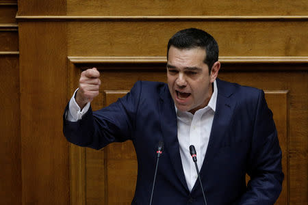 Greek Prime Minister Alexis Tsipras addresses lawmakers during a parliamentary session before a confidence vote in Athens, Greece, January 16, 2019. REUTERS/Alkis Konstantinidis