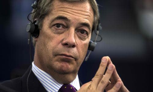 Former leader of UK Independence Party (UKIP) Nigel Farage follows a debate on the progress of the Brexit talks at the European Parliament in Strasbourg, eastern France, October 3, 2017. EU leaders are set to decide at a summit starting on October 19 whether enough has been agreed on the divorce to start discussing the future relationship including a trade deal, as Britain has demanded. But the European Parliament, which will have a final veto on any deal for Britain's departure from the bloc in March 2019, will vote on October 3 on a resolution calling on EU leaders to postpone the decision. / AFP PHOTO / PATRICK HERTZOGPATRICK HERTZOG/AFP/Getty Images