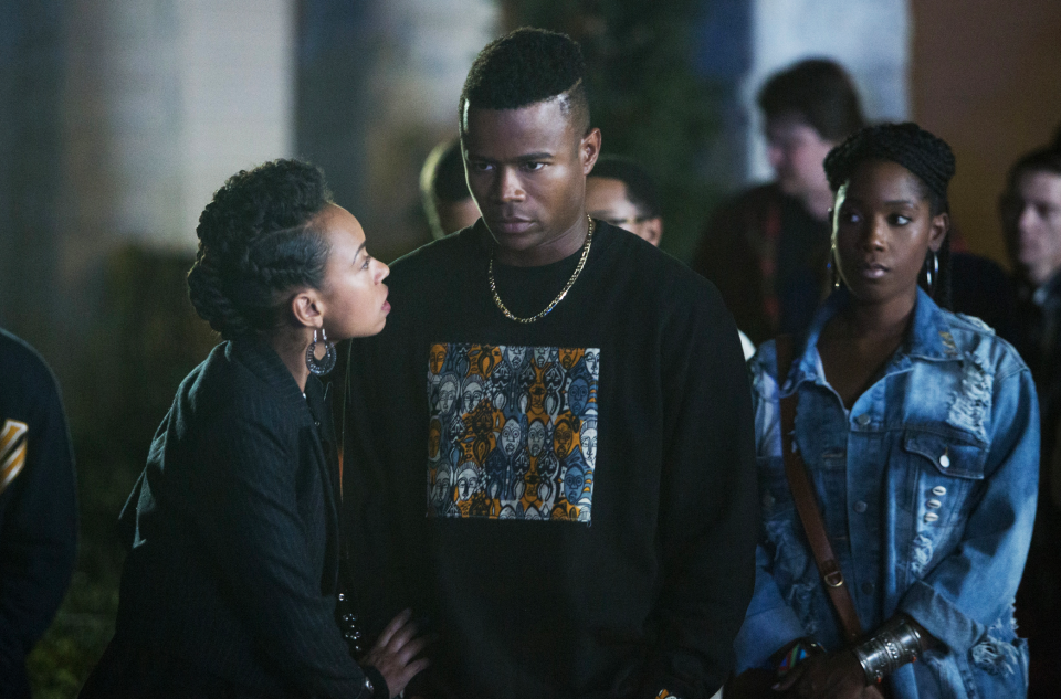 Logan Browning, Marque Richardson, Ashley Blaine Featherson in Episode 5 of <em>Dear White People</em>. (Photo: Adam Rose/Netflix)