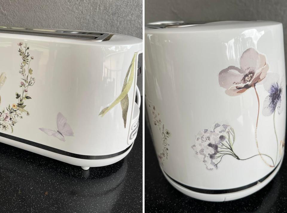 Two photos of the Kmart white toaster, with decals attached.