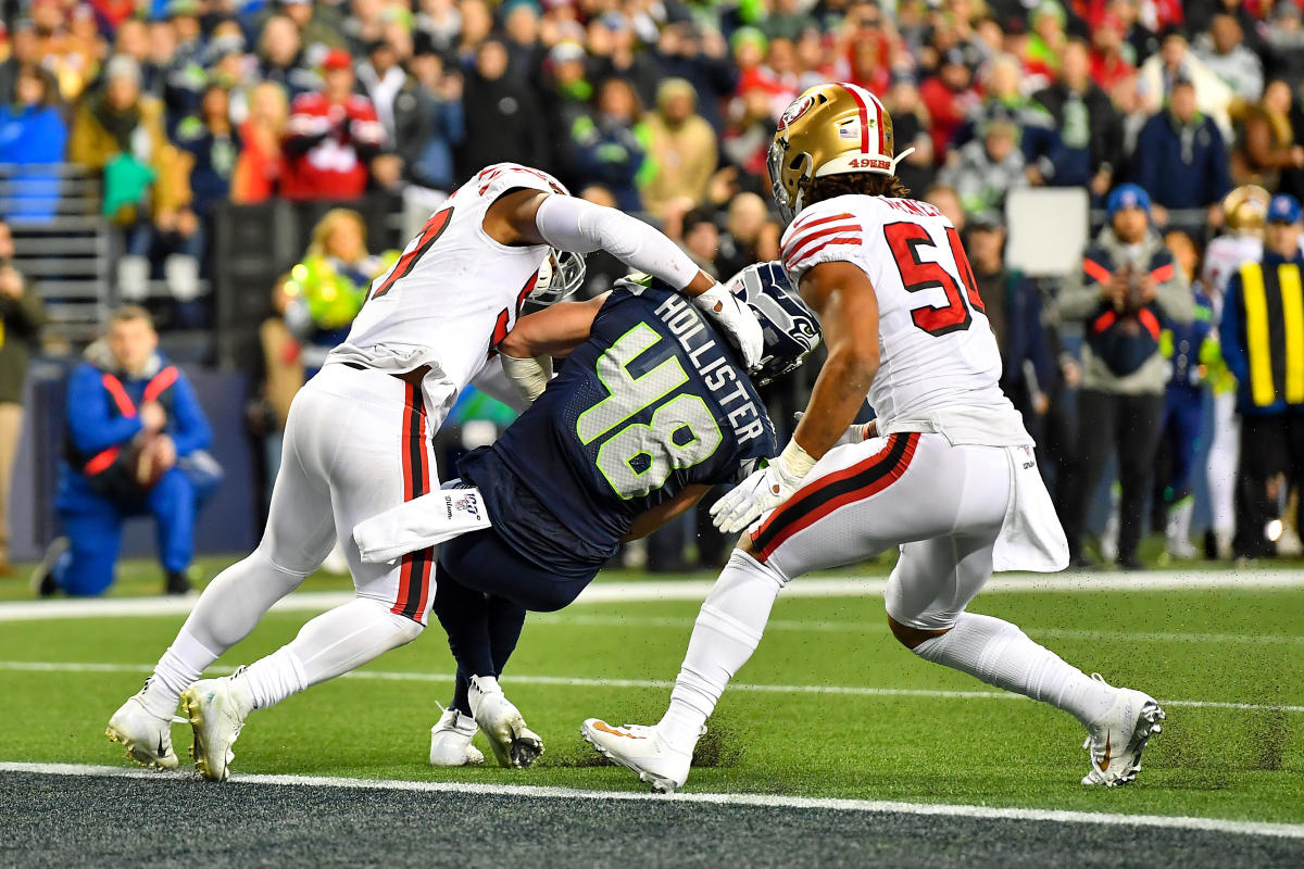 San Francisco 49ers linebacker Dre Greenlaw (57) runs onto the field during  an NFL football game against the New York Giants, Thursday, Sept. 21, 2023,  in Santa Clara, Calif. (AP Photo/Scot Tucker