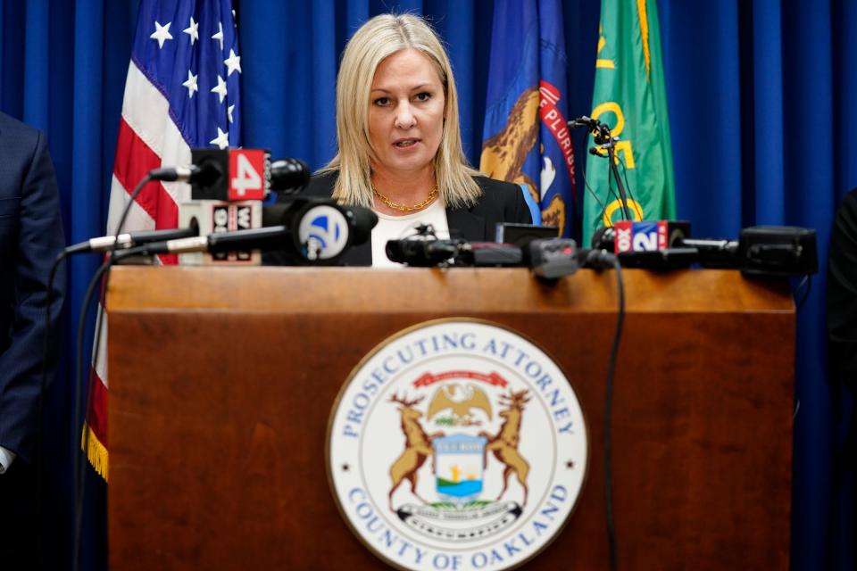Oakland County Prosecutor Karen McDonald announces charges against 15-year-old Ethan Crumbley, charging him as an adult on Dec. 1, 2021, from her office related to a mass shooting incident that took place at Oxford High School on Tuesday, Nov. 30, 2021.