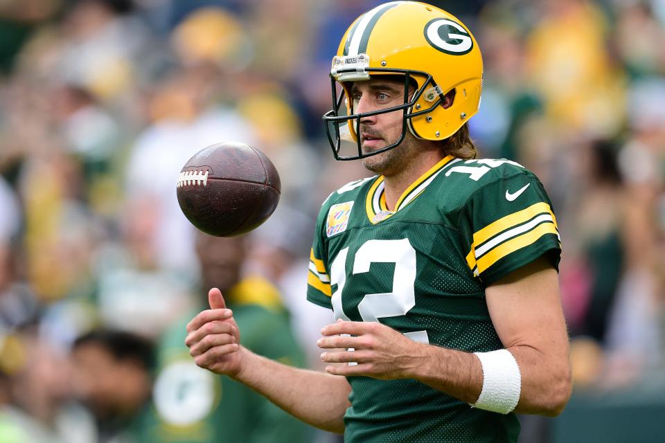 Aaron Rodgers of the Green Bay Packers is seen during the pregame against the Pittsburgh Steelers on Oct. 3, 2021, in Green Bay.