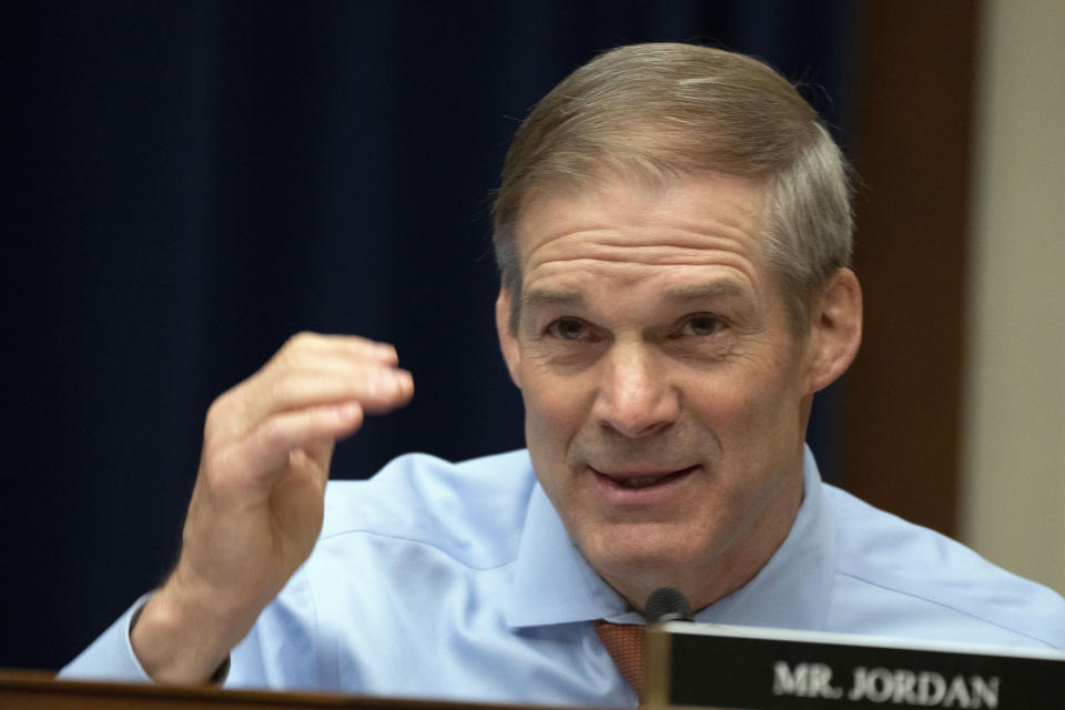 FILE - Rep. Jim Jordan, R-Ohio, speaks during a House Select Subcommittee hearing, Tuesday, April 18, 2023, on Capitol Hill in Washington. Federal Judge Mary Kay Vyskocil, weighing whether House Republicans can question a former prosecutor about the Manhattan criminal case against former President Donald Trump, posed dozens of questions, in New York, Wednesday, April 19, 2023, to lawyers on both sides, asking them to parse thorny issues of sovereignty, separation of powers and Congressional oversight arising from Trump's historic indictment. (AP Photo/Manuel Balce Ceneta, File)