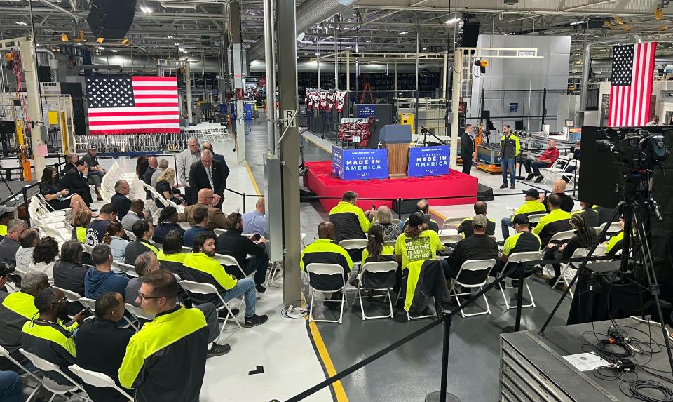 Volvo employees in their seats before the president’s scheduled appearance at the Hagerstown facility on October 7, 2022. The president is expected to speak about the economy.