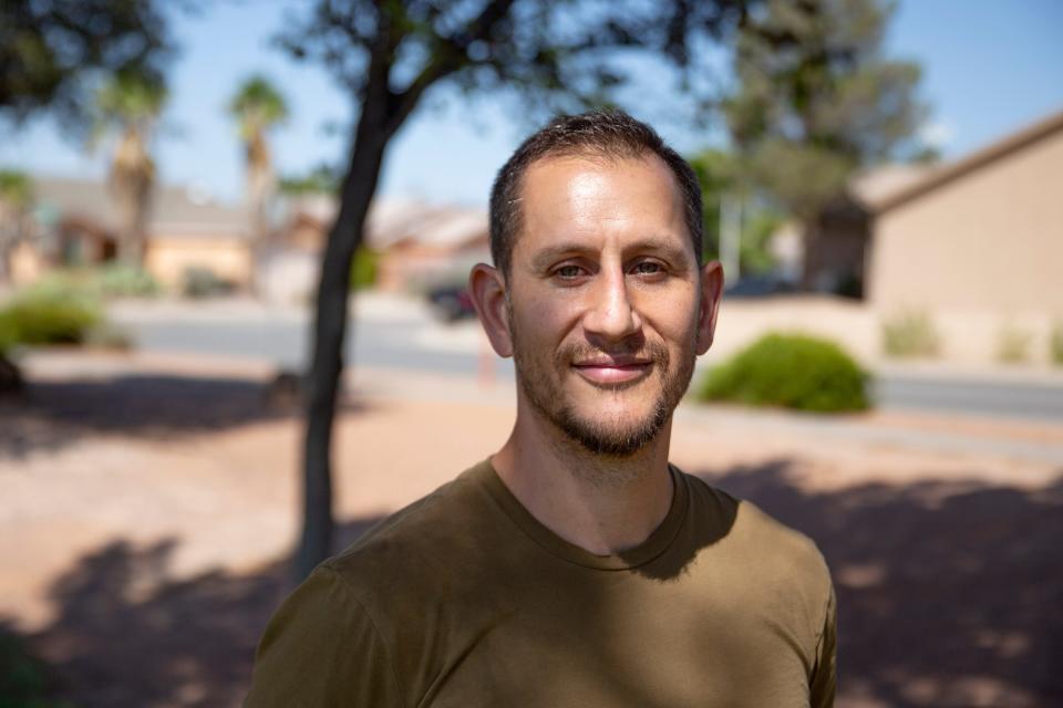 Mayoral candidate Alexander Paige Baca Fresquez poses for a photo on Tuesday, Sept. 27, 2023, outside of Memorial Medical Center.