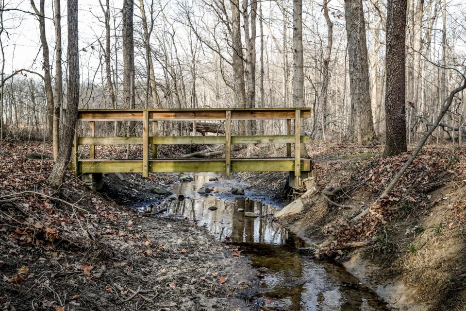 A foot bridge allows visitors to traverse waterways and wetlands at Meltzer Woods, a nature preserve in Shelbyville, Ind., on Friday, Jan. 22, 2021, which could be affected by a law that was passed in 2021 that repealed much of the state-regulated wetlands law, which protects wetlands throughout the state. A new amendment this year would gut many of the few safeguards that remain.
