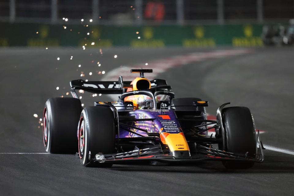 Red Bull driver Max Verstappen, of the Netherlands, drives during the Formula One Las Vegas Grand Prix auto race, Saturday, Nov. 18, 2023, in Las Vegas. (AP Photo/John Locher)