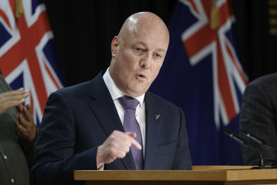 New Zealand Prime Minister Christopher Luxon gestures during his first post-Cabinet press conference at Parliament in Wellington, New Zealand, Wednesday, Nov. 29, 2023. (Mark Mitchell/New Zealand Herald via AP)