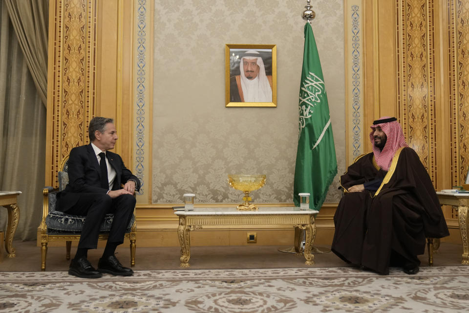 US Secretary of State Antony Blinken meets with Saudi Arabia's Crown Prince Mohammed bin Salman in Riyadh, Saudi Arabia, Monday, Feb. 5, 2024. (AP Photo/Mark Schiefelbein, Pool)