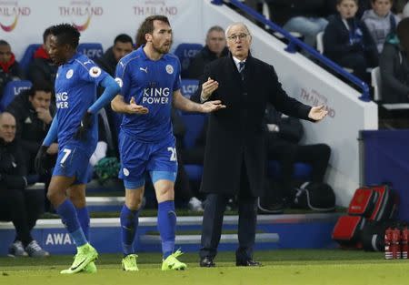 Britain Soccer Football - Leicester City v Manchester United - Premier League - King Power Stadium - 5/2/17 Leicester City manager Claudio Ranieri and Christian Fuchs react Action Images via Reuters / Carl Recine Livepic