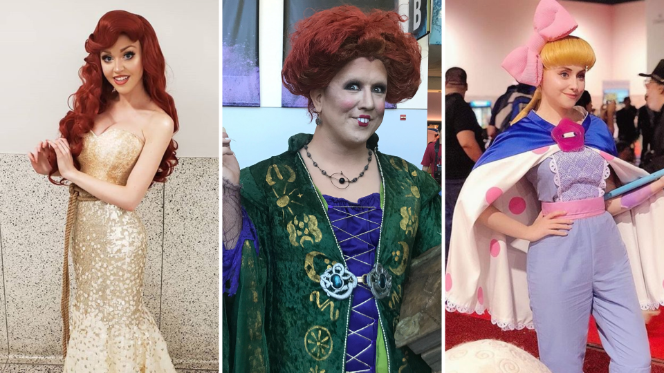 The Little Mermaid, Winifred Sanderson and Bo Peep at D23 expo. Images: Instagram @serenacosplay, Yahoo Finance, Instagram @marinatinker