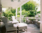 <p> A dining or lounge space close to the house can take inspiration from this porch with the addition of a covering structure attached to an exterior wall. </p> <p> ‘Every garden has those places you automatically drift to, as well as natural areas of shade, light and privacy,’ explains award-winning landscape and garden designer Sarah Eberle. </p> <p> ‘Climbing plants for pergolas and walkways might seem like a romantic option that also offers an element of privacy, but the truth is that many quickly grow out of control, damaging supporting structures, so it’s important to choose non-vigorous species. Pillar roses work well and so does clematis, but this needs to be paired with something evergreen, such as Akebia quinata<em>.’</em> </p>