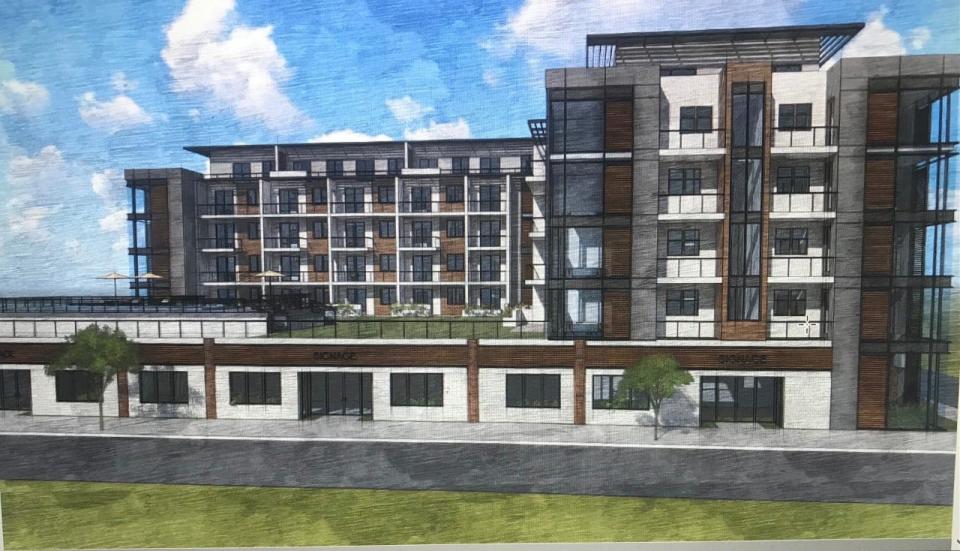 A rendering of a plan to replace the Bamboo Bar nightclub in Seaside Heights with apartments, retail on the first floor facing the Boulevard, and a pool for residents.