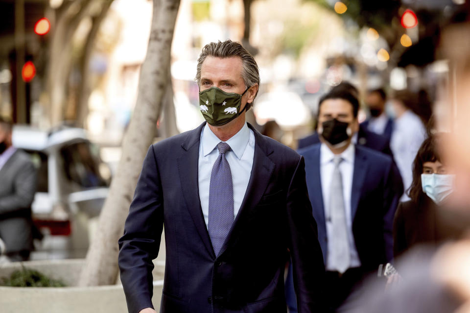 California Gov. Gavin Newsom leaves a news conference after announcing California Assemblyman Rob Bonta as his nominee for state's attorney general, Wednesday, March 24, 2021, in San Francisco. (AP Photo/Noah Berger)