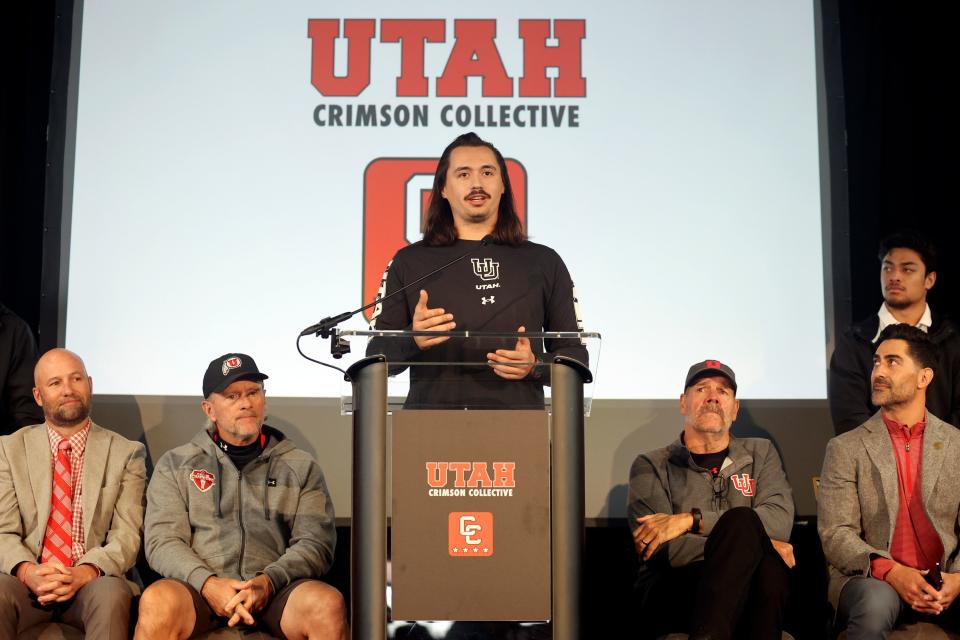 University of Utah football quarterback Cam Rising speaks during the Crimson Collective launch event at the Rice-Eccles Stadium in Salt Lake City on Friday, April 21, 2023. The Crimson Collective is an independent NIL organization and the exclusive NIL collective for Utah football. | Kristin Murphy, Deseret News