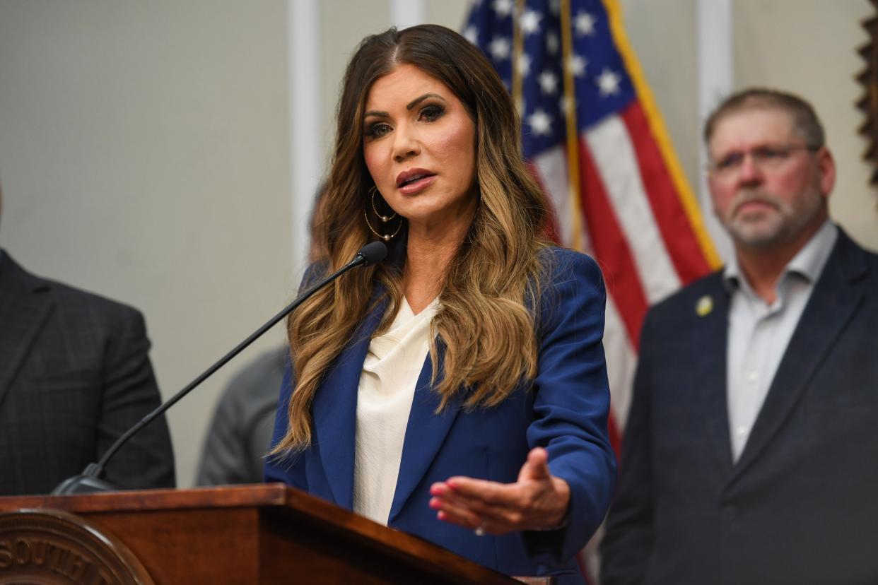 South Dakota Governor Kristi Noem discusses the drug cartel presence in the state’s tribal lands during press conference on Friday, May 17, 2024, at the South Dakota State Capitol in Pierre, South Dakota.