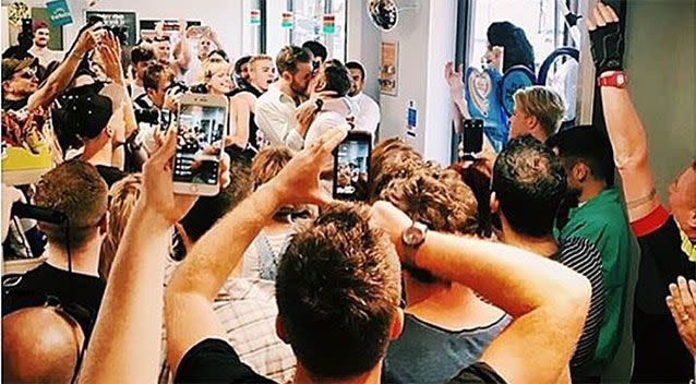 Crowd cheer for the happy couple after a week of upset. Photo: Instagram/_thomasrees