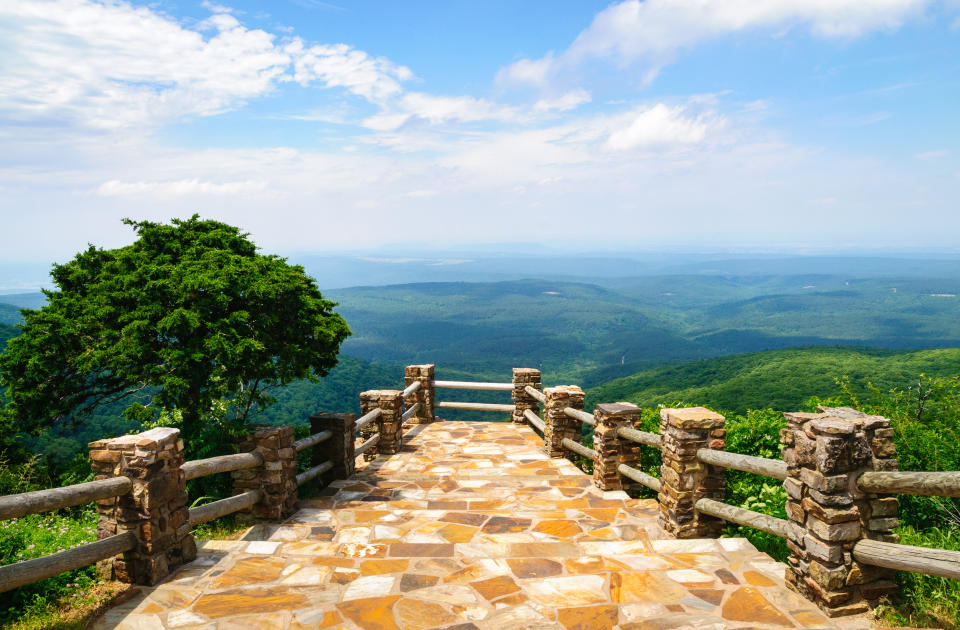 A rock pathway leads to a beautiful sweeping view of Mount Magazine State Park in Arkansas